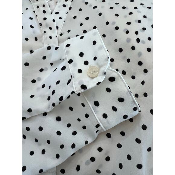 Talbots Blouse Sz MP NWT White Black Polka Dots 1/4 Button Long Sleeves Preppy - Picture 6 of 7